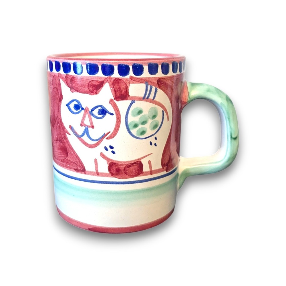 Vietri Solimene Purple Green Gattino Gatto Cat Mug Rustic Hand Painted Italy